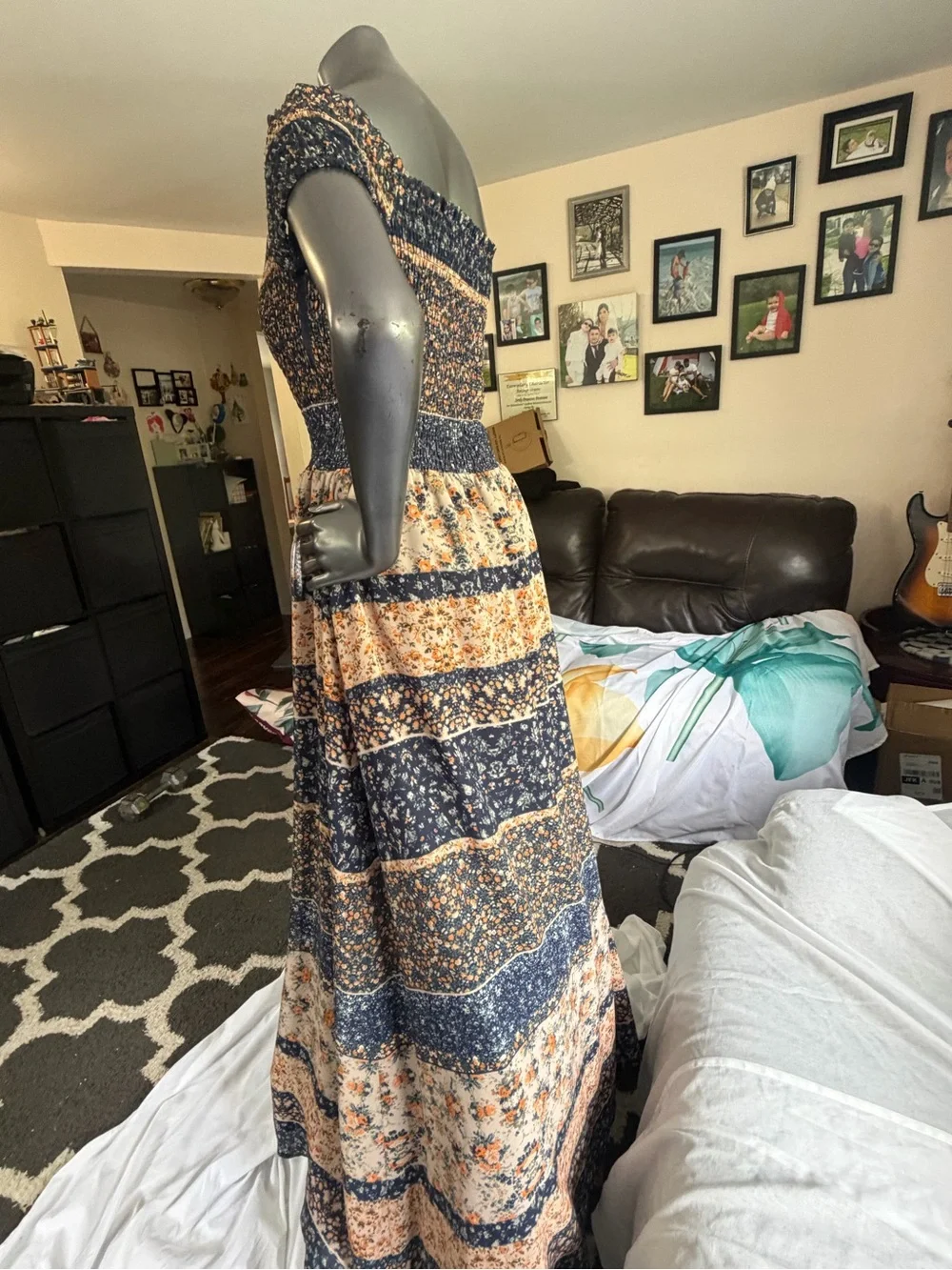 Tularosa Navy and Cream Off-Shoulder Tiered Maxi Dress